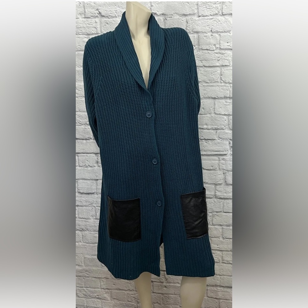 DENIM & COMPANY TEAL & BLACK LONG LENGTH CARDIGAN SWEATER